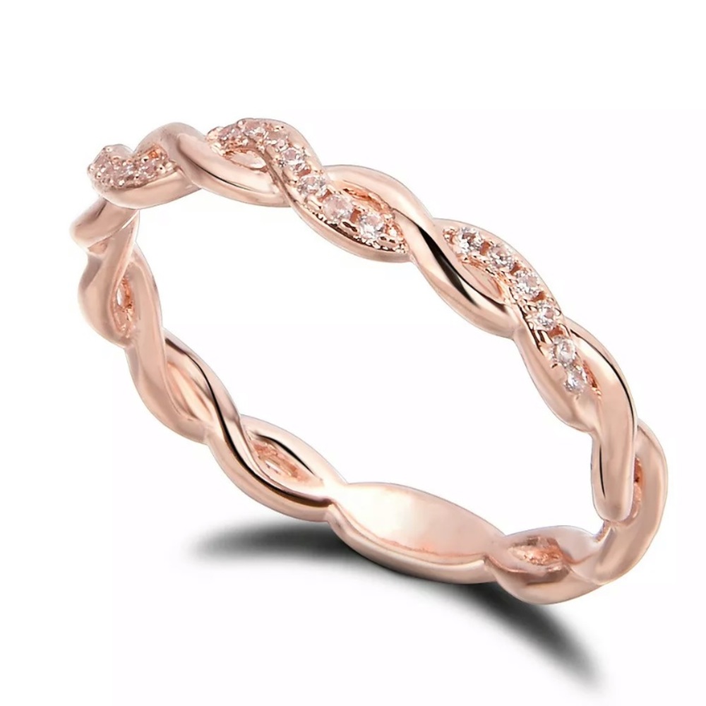 14k Rose Gold Twist Band Ring Cubic Zirconia - Picture 3 of 6